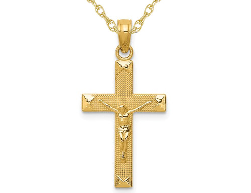 14K Yellow Gold Beveled Tipped Crucifix Cross Pendant Necklace with Chain