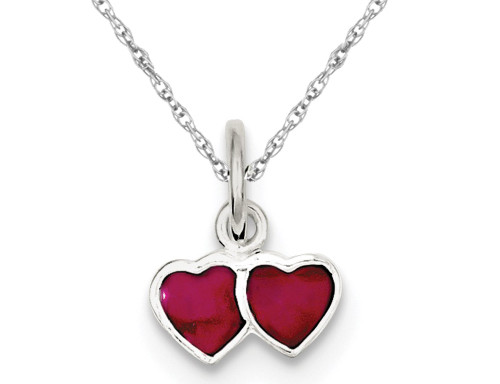 Pink Enameled Double Heart Charm Pendant Necklace in Sterling Silver