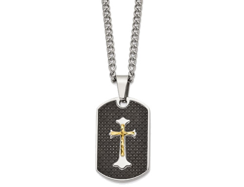 Mens Black Carbon Fiber Dog Tag Cross Pendant Necklace in Stainless Steel with Chain