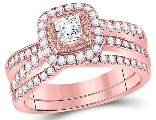 1.00 Carat (Color G-H, I1) Princess Cut Diamond Engagement Ring Wedding Set in 14K Rose Pink Gold