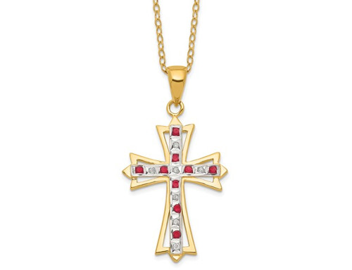Red Ruby Cross Pendant Necklace in Sterling Silver and 14K Yellow Gold Plating