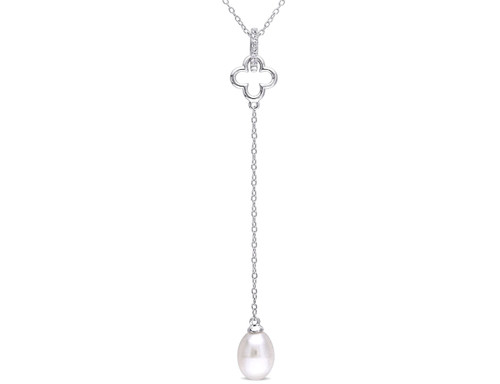 White Freshwater Cultured Pearl 8-8.5 mm and White Topaz Quatrefoil Drop Pendant in Sterling Silver with Chain