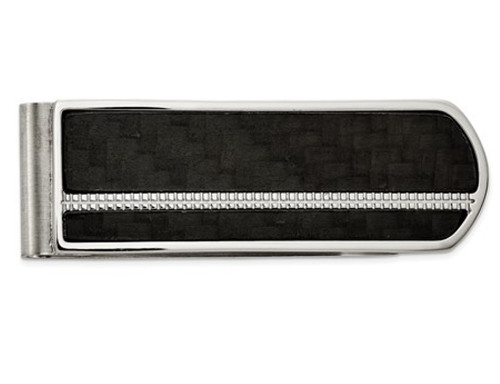 Mens Stainless Steel Brushed and Polished Black Carbon Fiber Money Clip