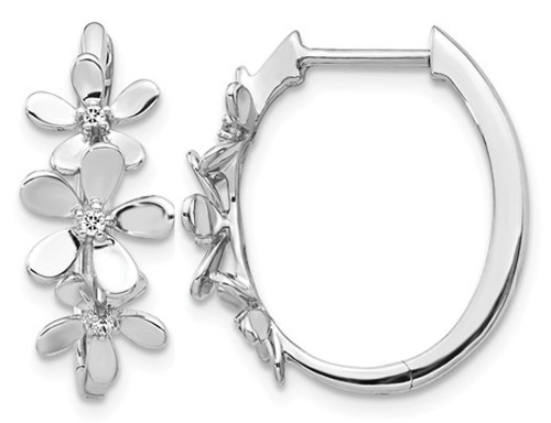 1/20 Carat (ctw) Accent Diamond Flower Hoop Earrings in 14K White Gold