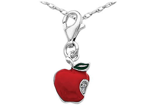 Small Red Enameled Apple Charm Pendant Necklace in Sterling Silver with Chain