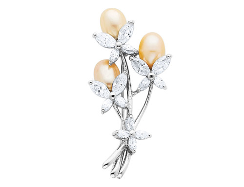 Cultured Pearl and Synthetic Cubic Zirconia (CZ) (CZ) Floral Brooch in Sterling Silver