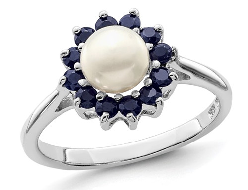Freshwater Cultured Pearl Ring with Blue Sapphires in Sterling Silver - 68QGG0852PF-7
