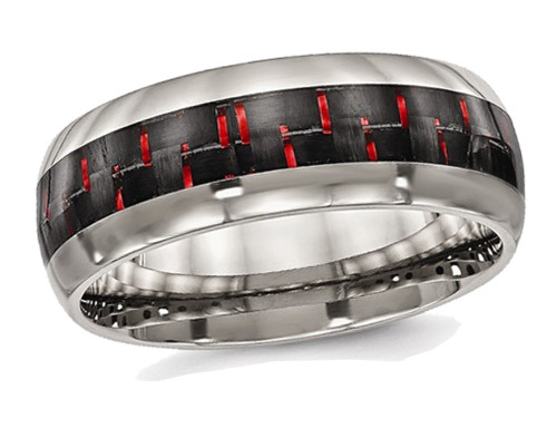 Polished Titanium with Red Carbon Fiber Wedding Band Ring - 88QGG0466-10.5