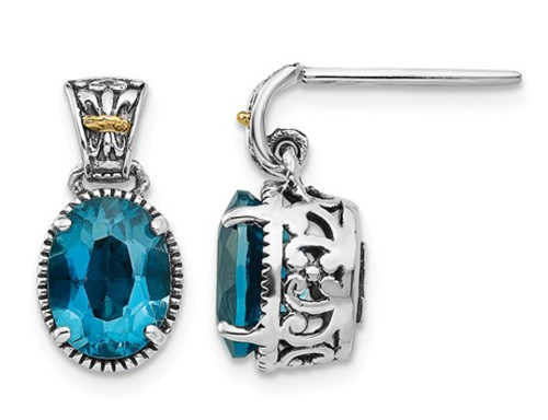 3.20 Carat (ctw) London Blue Topaz Dangle Post Earrings in Sterling Silver with 14K Gold Accent