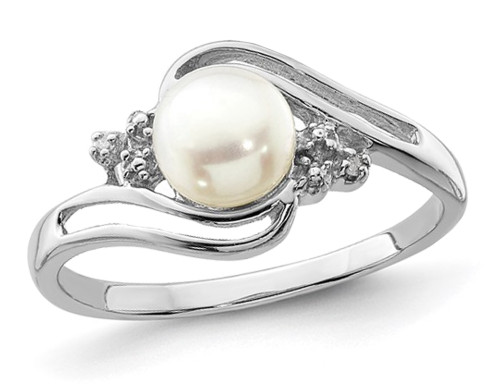 Freshwater Cultured 6mm Button Pearl Ring in Sterling Silver with Accent Diamonds - 68QGG0855PF-6