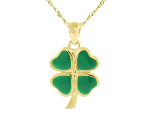 14K Yellow Gold Four Leaf Clover Shamrock Enameled Pendant Necklace with Chain