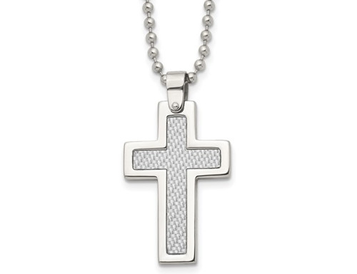 Mens Stainless Steel Grey Carbon Fiber Cross Pendant Necklace with Chain (22 Inches)