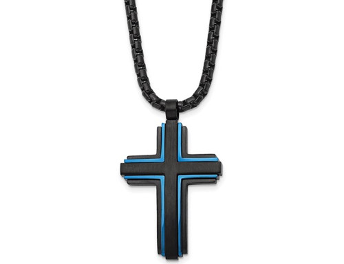 Mens Stainless Steel Blue and Black Cross Necklace with Chain