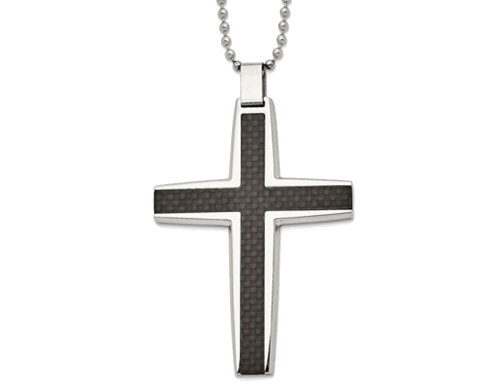 Mens Stainless Steel Carbon Fiber Cross Inlay Necklace with Chain