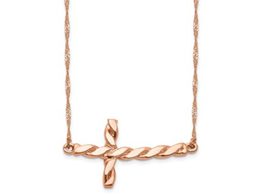 14K Rose Pink Gold Twisted Sideways Cross Necklace
