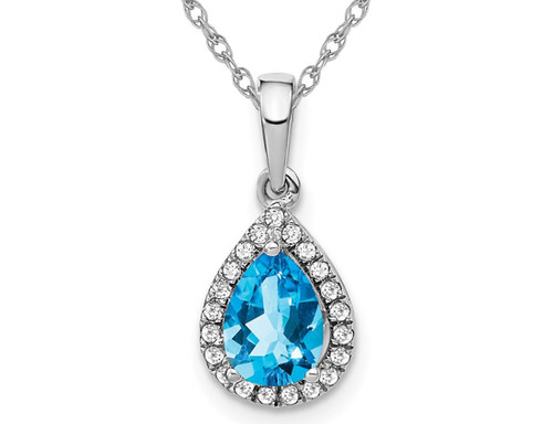 3/4 Carat (ctw) Blue Topaz Drop with Diamonds Pendant Necklace in 14K White Gold With Chain