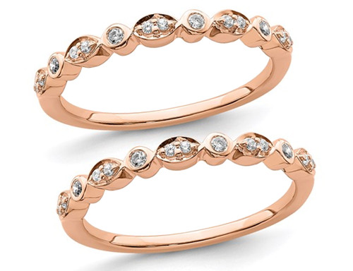 14K Rose Pink Gold 1/6 Carat (ctw) Diamond Set of 2 Wedding Band Rings