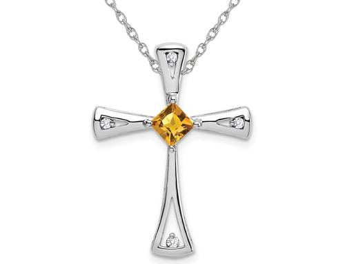 3/10 Carat (ctw) Princess-Cut Citrine Cross Pendant Necklace in 10K White Gold with Chain