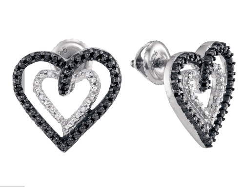 Black Diamond Heart Earrings (1/20 Carat ctw I2-I3) in Sterling Silver