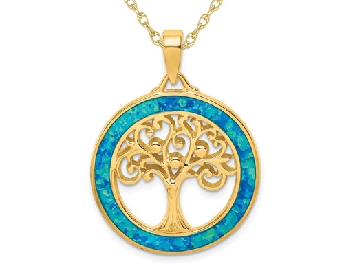 Lab-Created Blue Opal Tree of Life Circle Pendant Necklace in Yellow Plated Sterling Silver with Chain