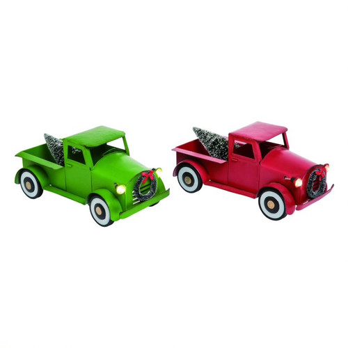 Set of 2 Red and Green Contemporary Halloween Light Up Trucks Decors  13"