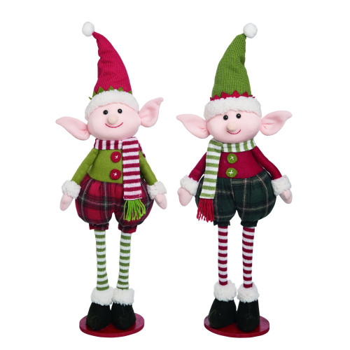 Set of 2 Green and Red Plush Telescoping Elves Christmas Figurines 21"