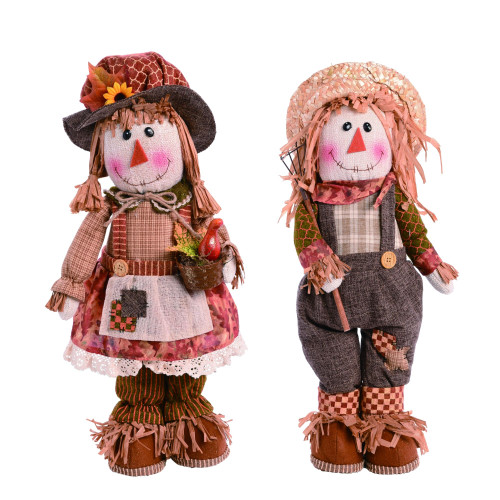 Set of 2 Brown Plush Standing Scarecrow Thanksgiving Decors 20"