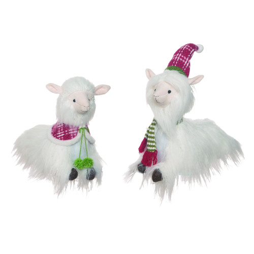 Set of 2 White and Green Plush Merry Sitting Llama Christmas Decors 13"