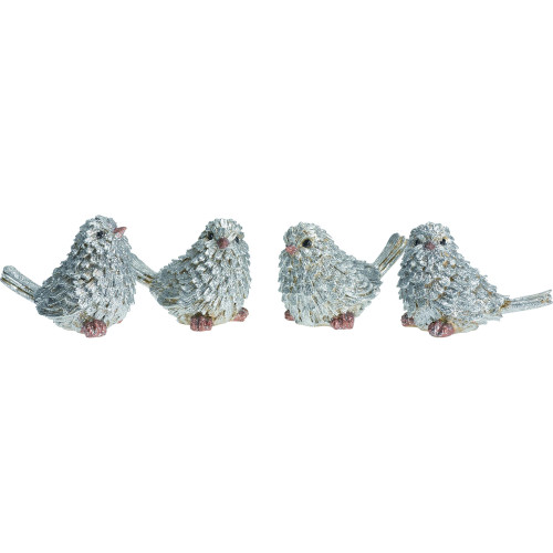 Set of 4 Silver and Brown Bird Christmas Figurines 4"