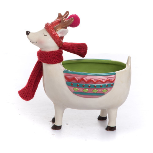 7" White and Red Reindeer with Container Christmas Tabletop Decor