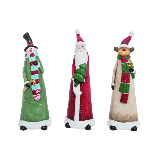 Set of 3 Red and Green Transpac Terracotta Christmas Merry Santa Snowman Moose Figurine 9"