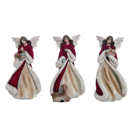 Set of 3 Red Decor Christmas Sweater Angel Figurine 9"