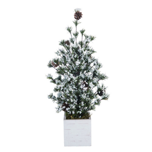 18" Green and White Frosted Pinecone Christmas Tree with Birch Box Tabletop Decor