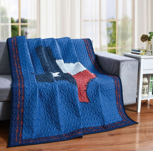 Blue and Red Texas Map Quilted Throw Blanket 60" x 50"