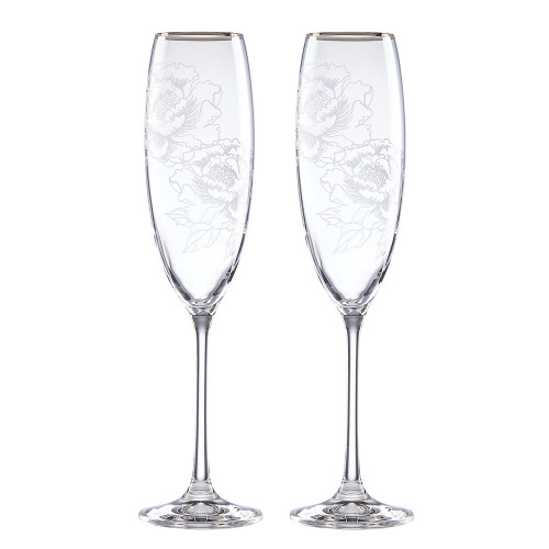 Set of 2 Clear Floral Bar Accessories and Gift Collections Silver Peony Toasting Flute, 10.75"