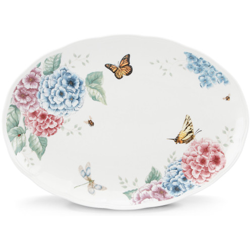 16" White, Blue, and Pink Butterfly Hydrangea Oval Platter