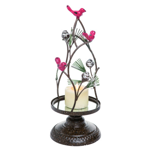 16" Brown and Pink Cardinal Tree Christmas Candle Holder