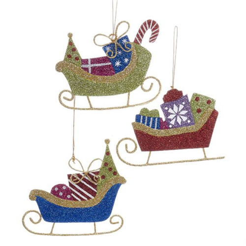 Club Pack of 12 Vibrantly Colored Glittering Sleigh Hanging Ornaments 5"