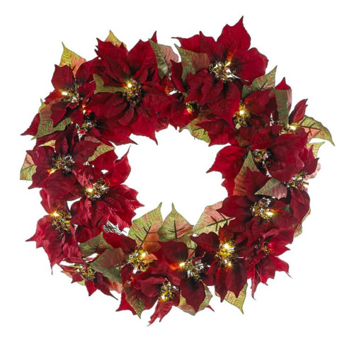 24" Red and Green Pre-Lit Poinsettia Decorative Indoor/Outdoor Wreath