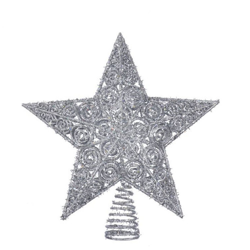 12" Silver Glittered Star Christmas Tree Topper with Coil Base