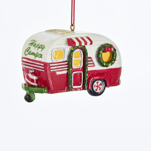 Club Pack of 12 Red and White "Happy Camper" Quoted RV Hanging Ornaments 3"