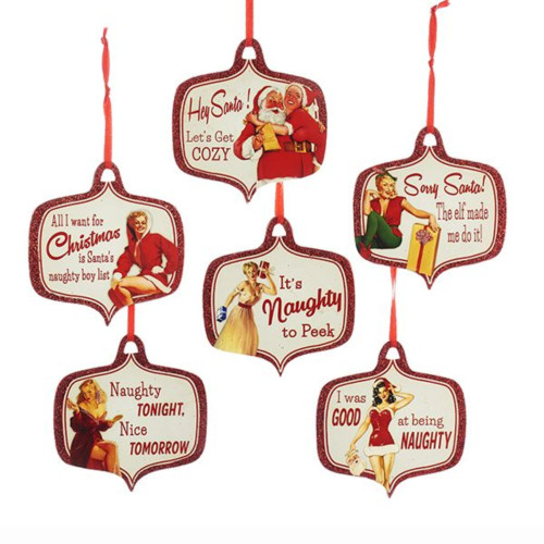 Pack of 12 Red and White Naughty Housewife Pin-Up Christmas Plaque Ornaments 3.75"