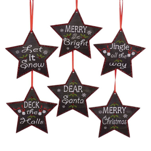 Pack of 24 Red, White and Black Chalk Board Inspired Stars w/ Phrases Christmas Ornaments 4.5"