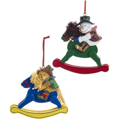 Pack of 12 Snowman and Teddy Bear Cowboy Pals on Rocking Horse Christmas Ornaments