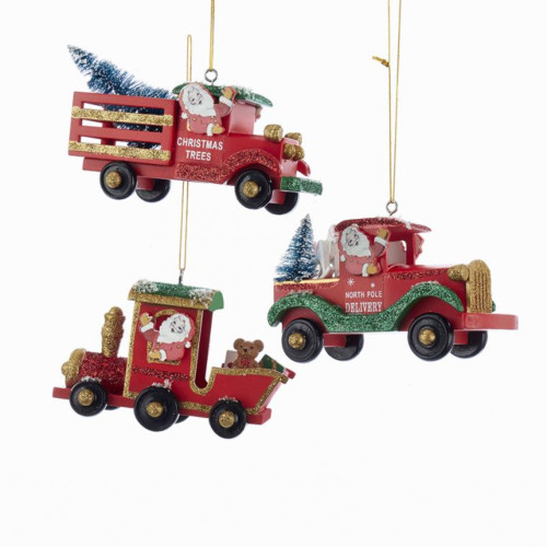 Pack of 6 Red, Gold & Green Glittered North Pole Santa Train, Truck and Wagon Christmas Ornaments 2"