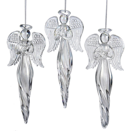 Club Pack Club Pack of 12 Silver Glass Angel with Heart Star or Flowers Finial Christmas Ornaments 6"