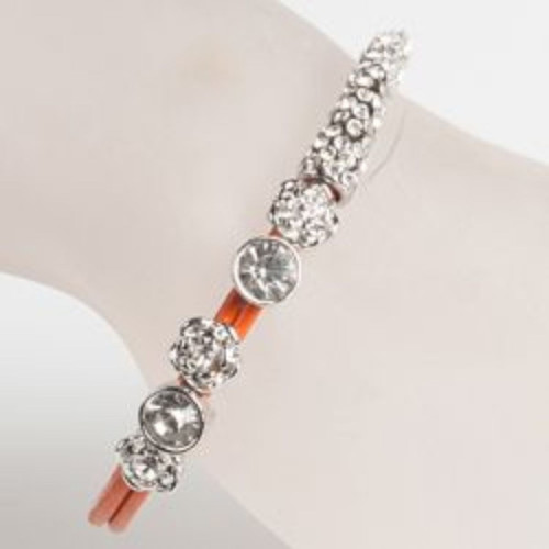Pack of 2 Orange and Silver Clear Crystal and Leather Fashion Bracelets