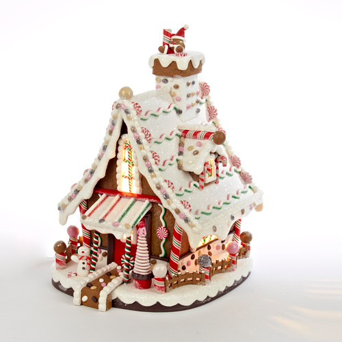 12" White and Brown Lighted Candy-trimmed Gingerbread House Table Top Christmas Decoration