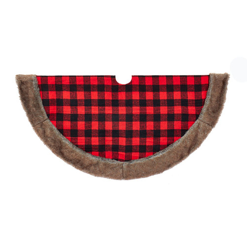 48” Red and Black Plaid Decorative Round Tree Skirt with Faux Fur Trim