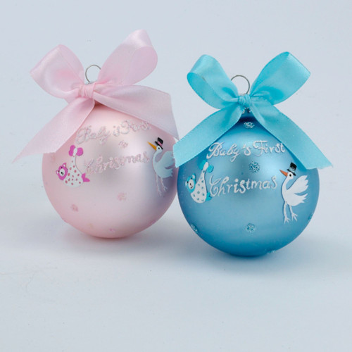 Club Pack of 24 Pink and Blue Baby's First Christmas with Ribbon Ball Ornaments 2.5"